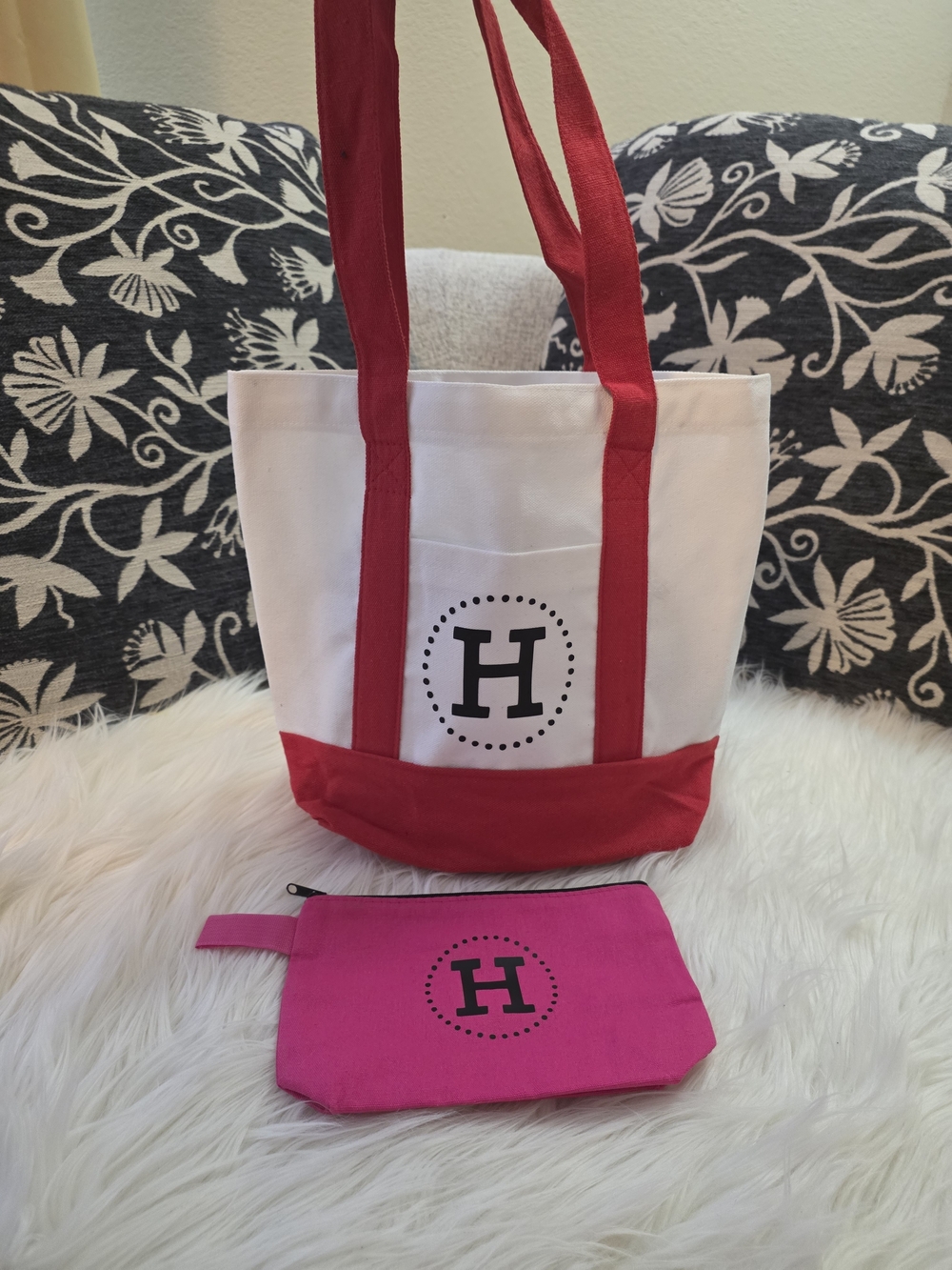 Canvas Tote Bag with Matching Pouch - White & Red